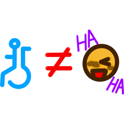 the blue disability symbol is on the left. in the middle is a red crossed out equal sign. on the right is a yellow person laughing